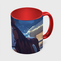 Кружка цветная Лошадь на фоне новогодней елки