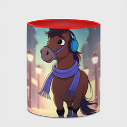 Кружка 3D Лошадка в шарфе и наушниках, цвет: 3D-белый + красный — фото 2