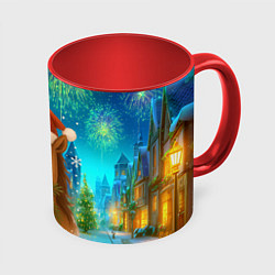 Кружка 3D Новогодняя лошадка жует елочные ветки, цвет: 3D-белый + красный