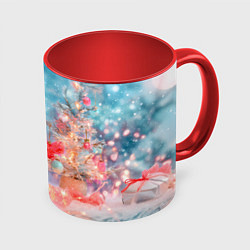 Кружка цветная Котенок и гирлянда из сердечек