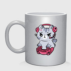 Кружка керамическая Котёнок заядлый игроман, цвет: серебряный