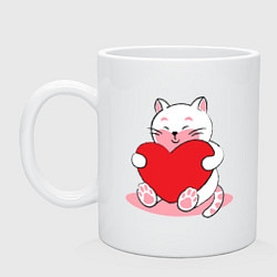Кружка керамическая Милый котик обнимает сердце, цвет: белый
