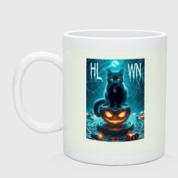 Кружка керамическая Чёрный кот сидит на тыкве - хэллоуин, цвет: фосфор
