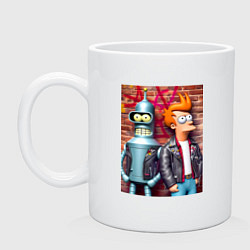 Кружка керамическая Фрай и робот-сгибальщик Бендер у кирпичной стены, цвет: белый