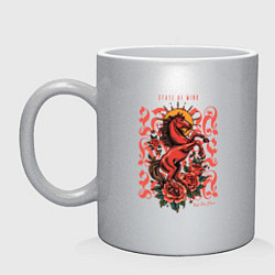 Кружка керамическая Красный огненный конь на закате с розами тату, цвет: серебряный