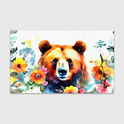 Бумага для упаковки Морда медведя гризли с цветами акварелью