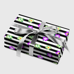 Бумага для упаковки Фиолетовые зеленый цветы на черно белом полосатом, цвет: 3D-принт — фото 2