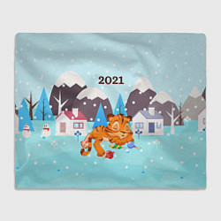 Плед флисовый Спящий тигренок в ожидании нового года, цвет: 3D-велсофт