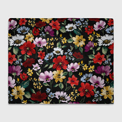 Плед флисовый Цветы на черном фоне паттерн, цвет: 3D-велсофт