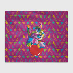 Плед флисовый Сердечный котик в поп-арте, цвет: 3D-велсофт