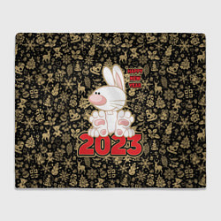 Плед флисовый Happy New Year, кролик сидит на цифрах 2023, цвет: 3D-велсофт