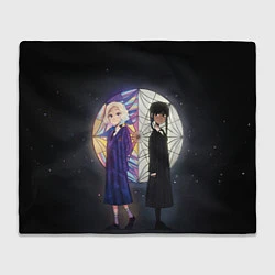 Плед флисовый Энид и Уэнсдэй на фоне окна, цвет: 3D-велсофт