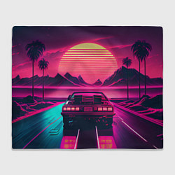 Плед флисовый Синтвейв закат и автомобиль, цвет: 3D-велсофт