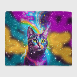 Плед флисовый Полосатый кот с разноцветной звездной туманностью, цвет: 3D-велсофт