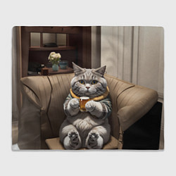 Плед Кот сидит на диване с напитком