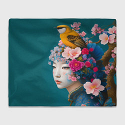 Плед Японка с птицей на фоне цветущей сакуры