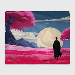 Плед флисовый Самурай в поле на закате, цвет: 3D-велсофт