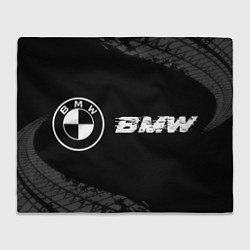 Плед флисовый BMW speed на темном фоне со следами шин: надпись и, цвет: 3D-велсофт