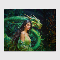 Плед флисовый Нейросеть - девушка с зелёным драконом, цвет: 3D-велсофт