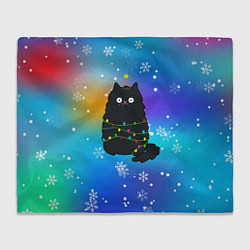 Плед флисовый Новогодний котик и снежинки, цвет: 3D-велсофт