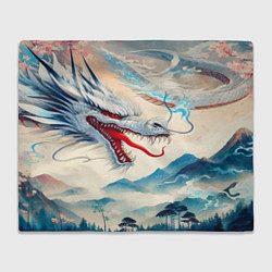 Плед флисовый Дракон на фоне японского пейзажа, цвет: 3D-велсофт