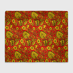 Плед флисовый Хохломская роспись золотистые цветы на красном фон, цвет: 3D-велсофт