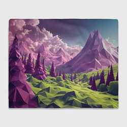 Плед флисовый Геометрический зеленый пейзаж и фиолетовые горы, цвет: 3D-велсофт