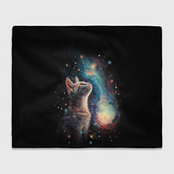 Плед флисовый Котик смотрит на небо космоса, цвет: 3D-велсофт