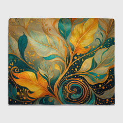Плед флисовый Золотые и бирюзовые листья абстракция, цвет: 3D-велсофт
