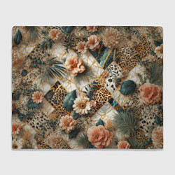 Плед флисовый Цветы на кусках мрамора и леопардовом узоре, цвет: 3D-велсофт