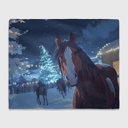 Плед Лошадь на фоне новогодней елки