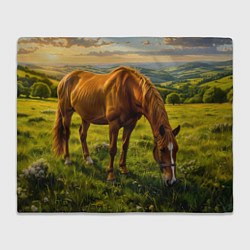 Плед флисовый Зелёные холмы и конь, цвет: 3D-велсофт