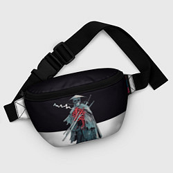 Поясная сумка Скелет Самурай с трубкой на черно белом фоне, цвет: 3D-принт — фото 2