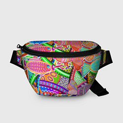 Поясная сумка Разноцветные яркие рыбки на абстрактном цветном фо
