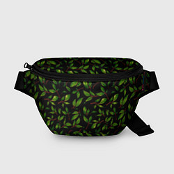 Поясная сумка Яркие зеленые листья на черном фоне