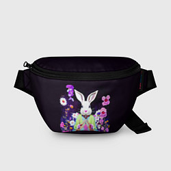 Поясная сумка Кролик в цветах на черном фоне