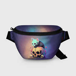 Поясная сумка Черный котенок на черепе мрачный неоновый фон, цвет: 3D-принт