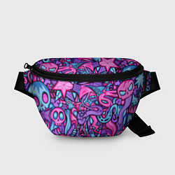 Поясная сумка Узор розово-фиолетовый черепа и сердца, цвет: 3D-принт
