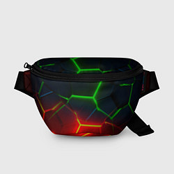 Поясная сумка Зеленые и красные неоновые плиты в разломе, цвет: 3D-принт