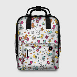 Рюкзак женский Птицы и цветы Разноцветный узор в дудл стиле, цвет: 3D-принт