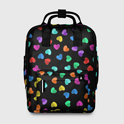 Рюкзак женский Сердечки разноцветные на черном, цвет: 3D-принт