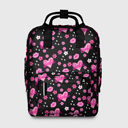 Рюкзак женский Черный фон, барби и цветы, цвет: 3D-принт