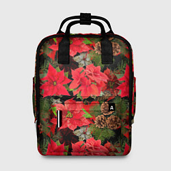 Рюкзак женский Новогодний узор из пуансетии и еловых шишек, цвет: 3D-принт