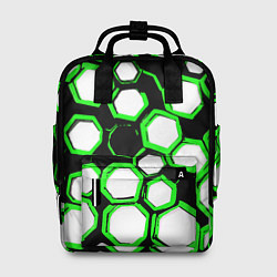 Рюкзак женский Бело-зелёные шестиугольники на чёрном фоне, цвет: 3D-принт