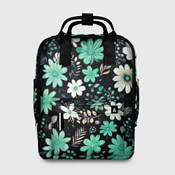 Рюкзак женский Чёрный в зелёный цветочек стилизованный, цвет: 3D-принт