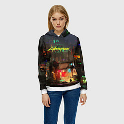 Толстовка-худи женская Cyberpunk 2077: Night City, цвет: 3D-белый — фото 2