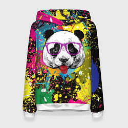 Толстовка-худи женская Панда хипстер в брызгах краски, цвет: 3D-белый