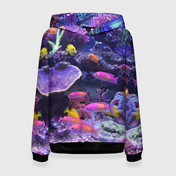 Толстовка-худи женская Коралловые рыбки, цвет: 3D-черный