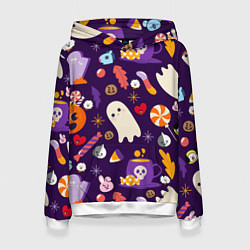 Толстовка-худи женская HALLOWEEN BTS BT21 PATTERN БТ21 БТС ХЕЛЛОУИН, цвет: 3D-белый