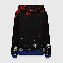 Женская толстовка КРАСНО БЕЛЫЕ СНЕЖИНКИ НА ЧЁРНОМ ФОНЕ